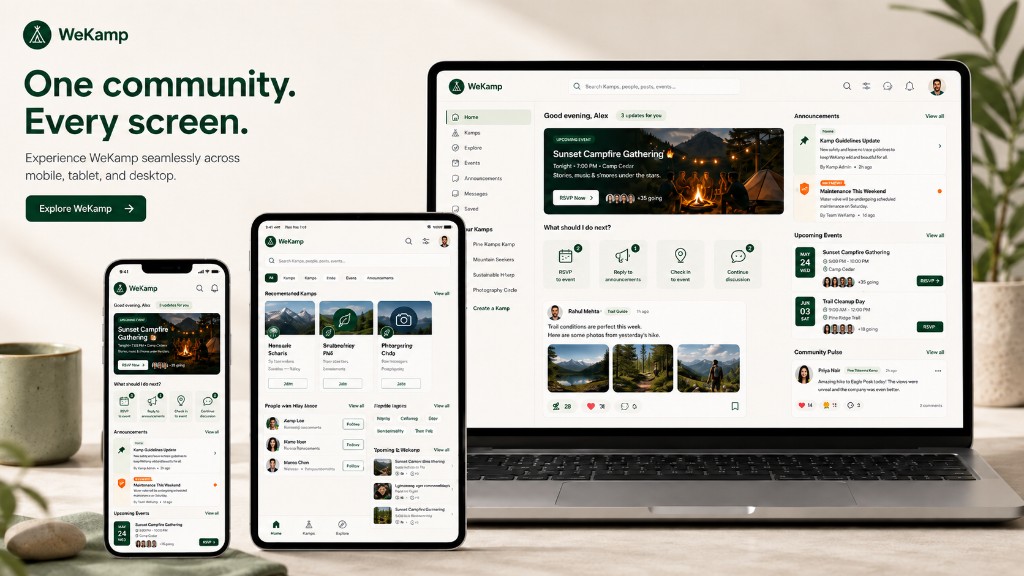 WeKamp on phone, tablet, and laptop — one community on every screen